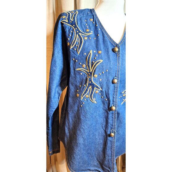 Bingo Bingo Vintage Embroidered Denim Button Up Top Shoulder Pads Womens Sz 10p - Picture 2 of 11
